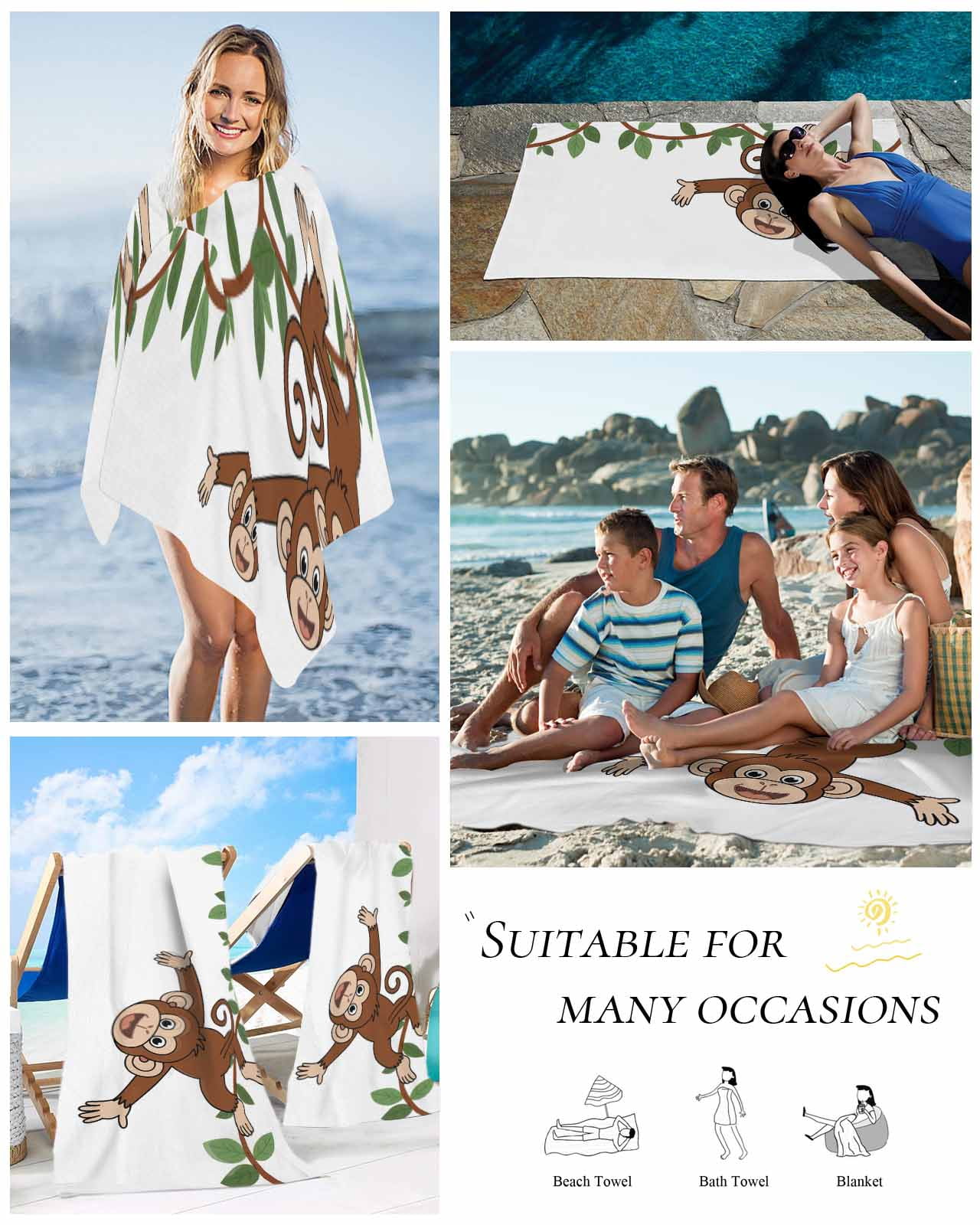 Brown Cute Monkey Beach Towels Oversized Super Absorbent, Playing Funny Animal on Branch Lightweight Bath Towel Quick Dry Sets For Bathroom/Pool/Rv Camping/Beach Play/Gym Room/Picnic 23"x47"