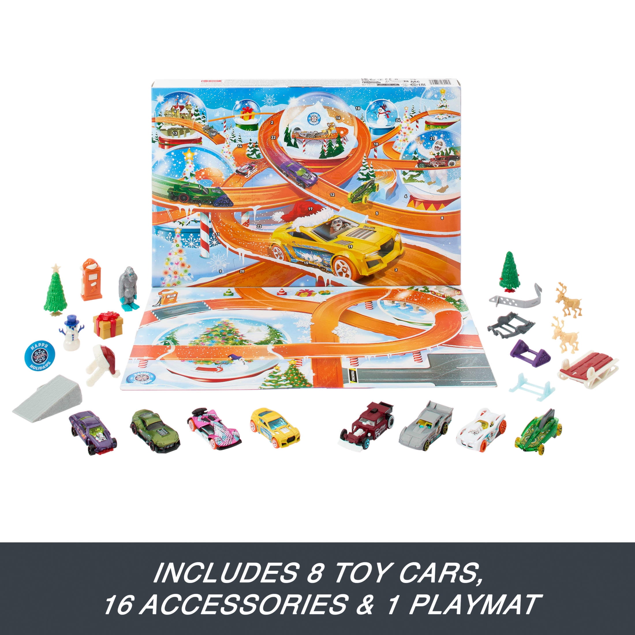 Hot Wheels Advent Calendar 2024, 8 Hot Wheels Toy Cars and 16 Accessories (24 Total Components)