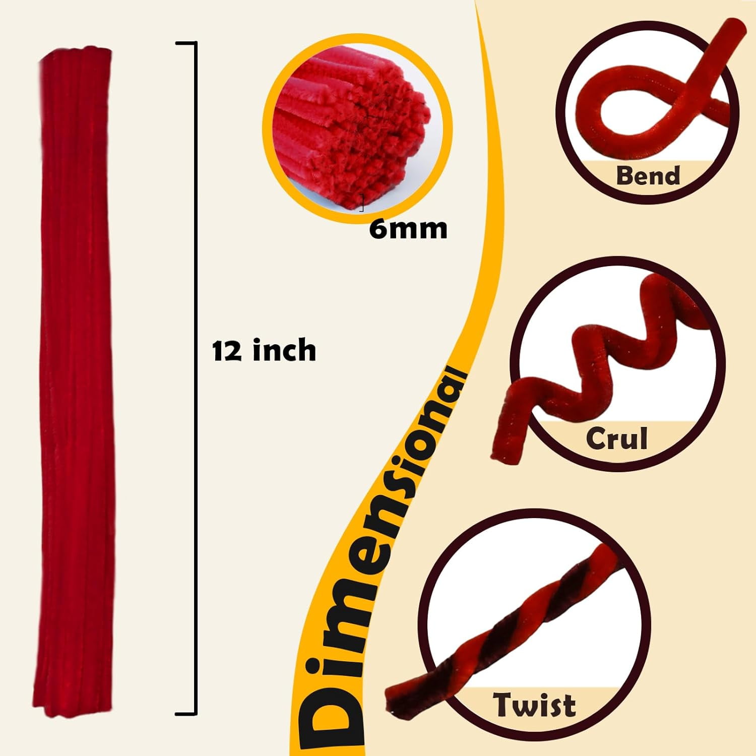 ABCISI 300pcs Pipe Cleaners Bulk -Red Color Trio, Fluffy Craft Pipe Cleaners for Arts & Crafts, Ideal for Making Flowers, Animals & Decorations (12 x 0.26 inches)