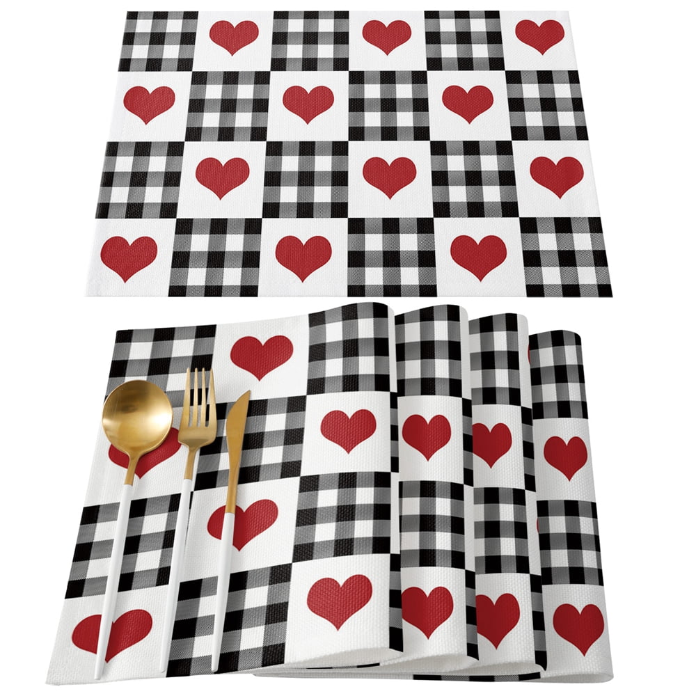 Cotton-Linen Table Runner and Placemats Set of 4 Valentine's Day Romantic Roses Red Plaid Border Table Decor Runner Set Modern Heat-Resistant Table Mats Sets for Party Wedding Dinner Decorations