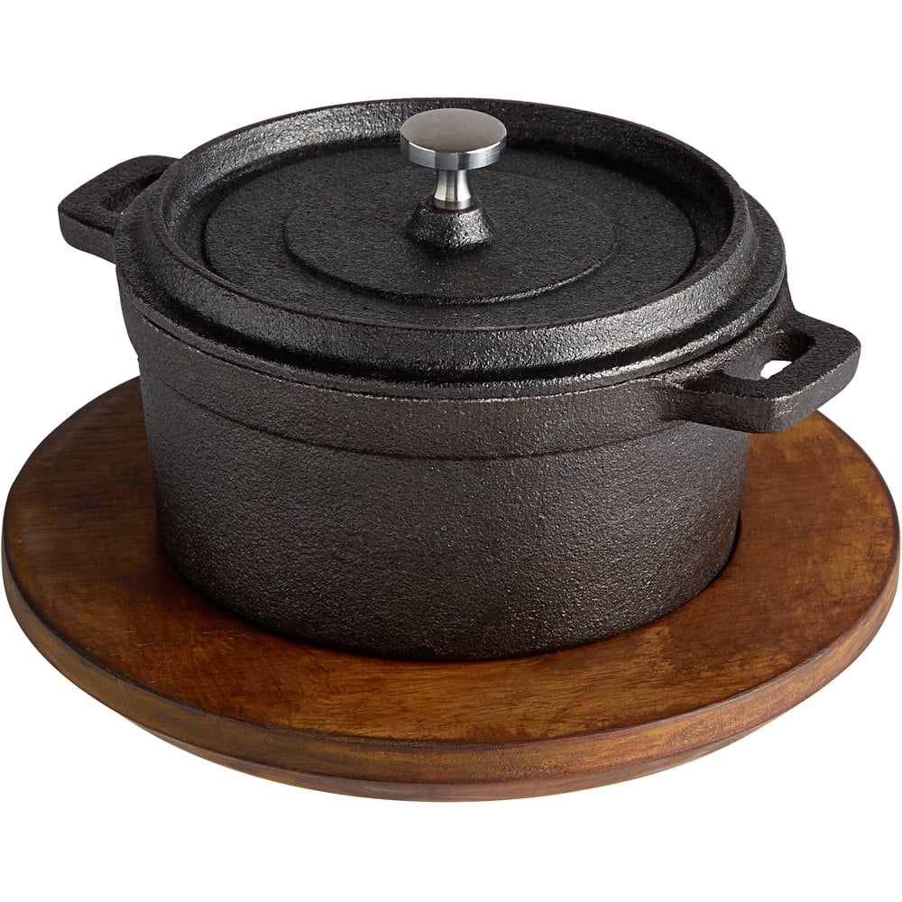 2Pc Valor 16 oz. PreSeasoned Mini Cast Iron Pot with Rustic Chestnut Finish Rubberwood