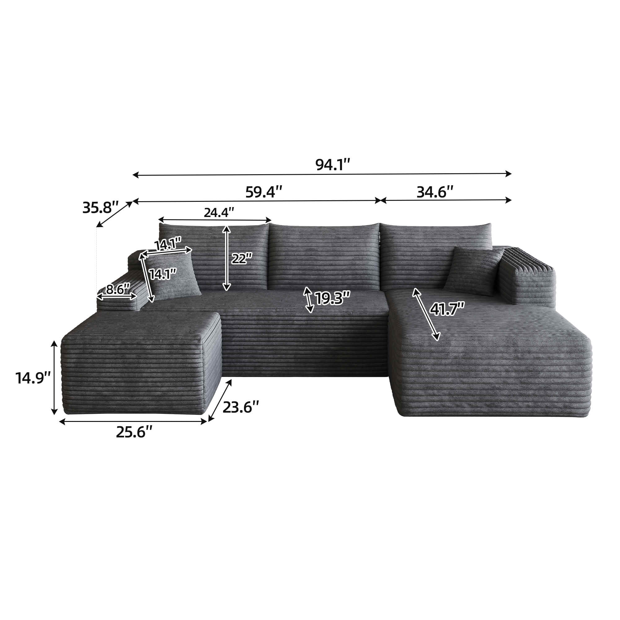 MAYEERTY 95" Cloud Sectional Sofa with Ottoman, U-Shaped Corduroy Deep Seat Couch, No Assembly for Living Room, Dark Gray