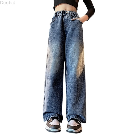 DuoJiaJ Girls Jeans For Spring Casual Wear Straight Leg Wide Leg Pants For Girls Comfortable Stretch Denim Trousers For Kids Age 6 15 Girls Jeans With Stretch Size 6-7 Years,Blue