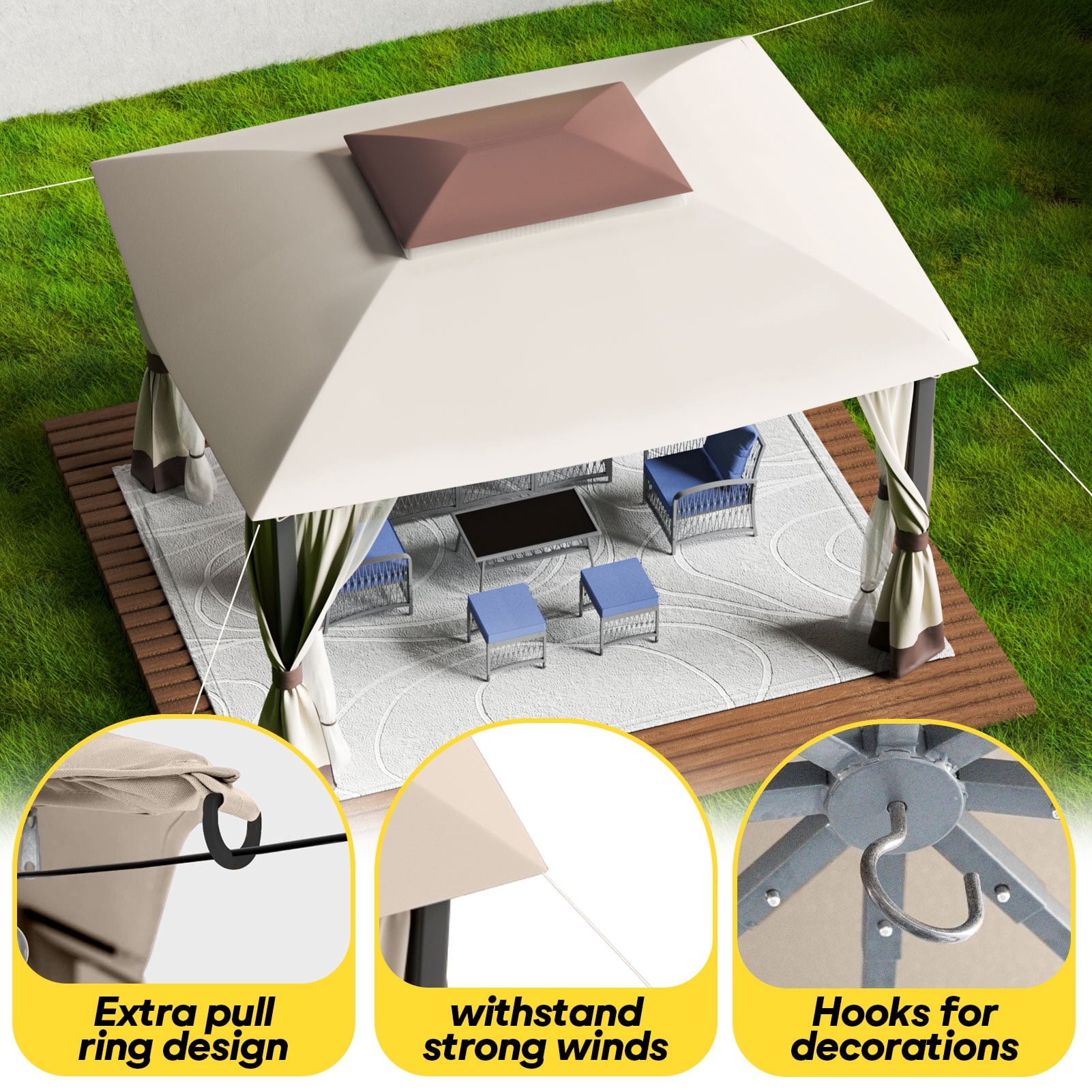 YIKEMA 10×13 Heavy Duty Outdoor Gazebo with Mosquito Netting & Double Roof, Khaki