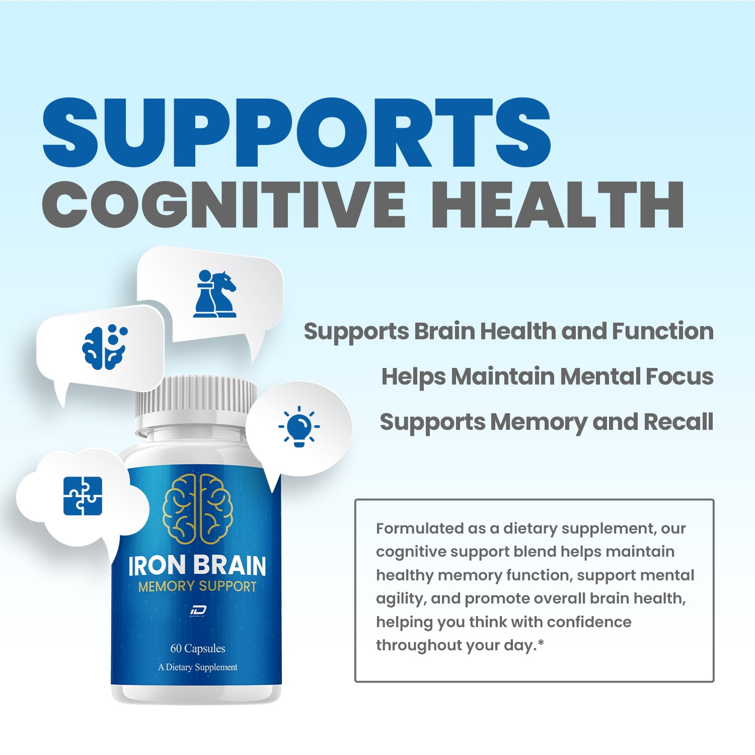 Iron Brain Supplement Capsules – IronBrain Natural Blend Memory Focus Pills, 5 Pack, 300 Capsules