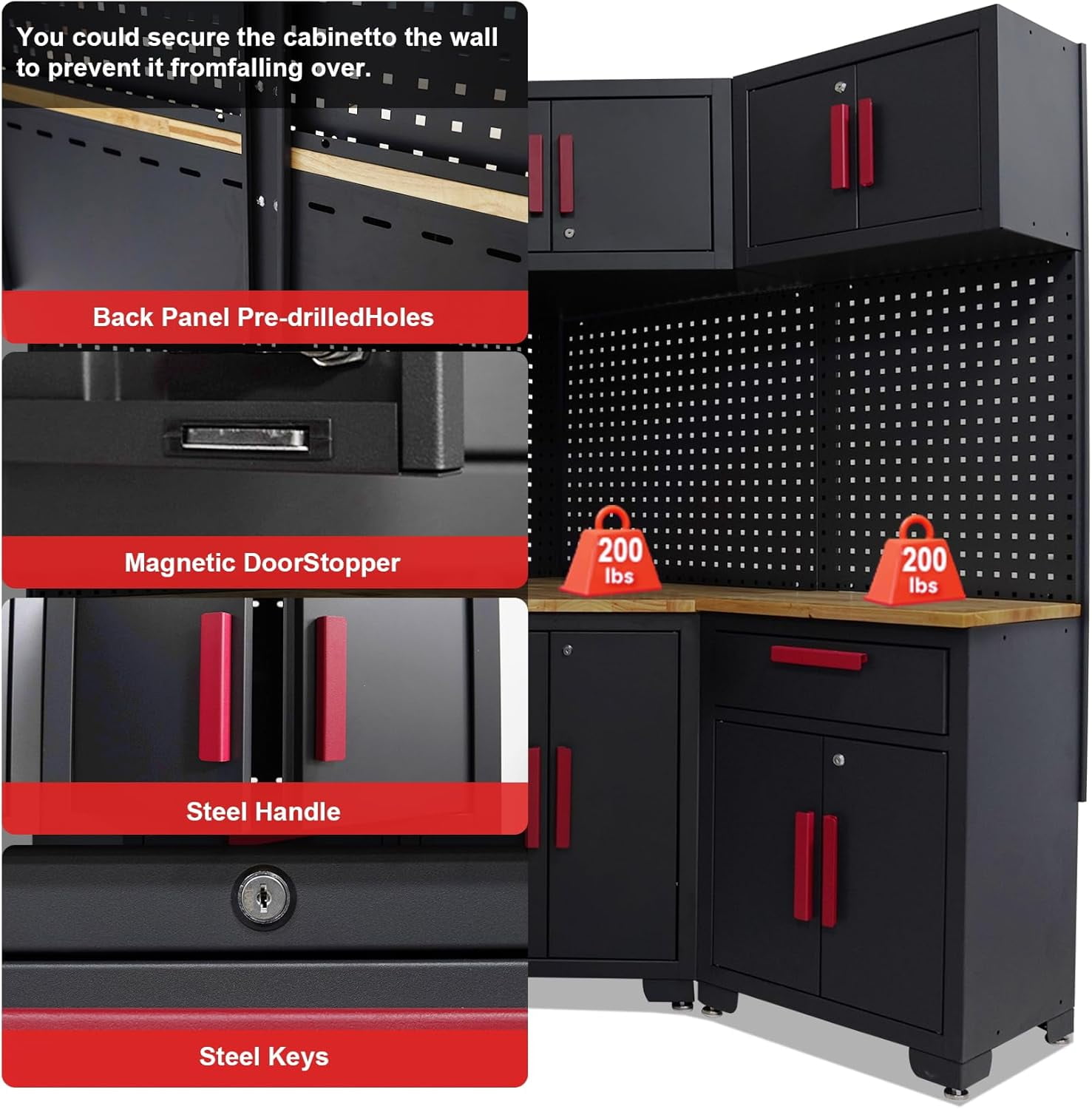 HPDMC Red Garage Cabinet Storage System 10-Pcs Corner Workshop Set Garage Cabinet and Storage System for Tool Organization