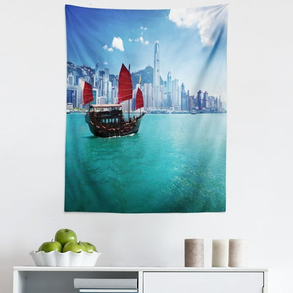 East Tapestry, Hong Kong Harbour Small Traditional Junk Boat with Flags Buildings Skyline and Sea, Fabric Wall Hanging Decor for Bedroom Living Room Dorm, 5 Sizes, Blue Aqua Red, by Ambesonne