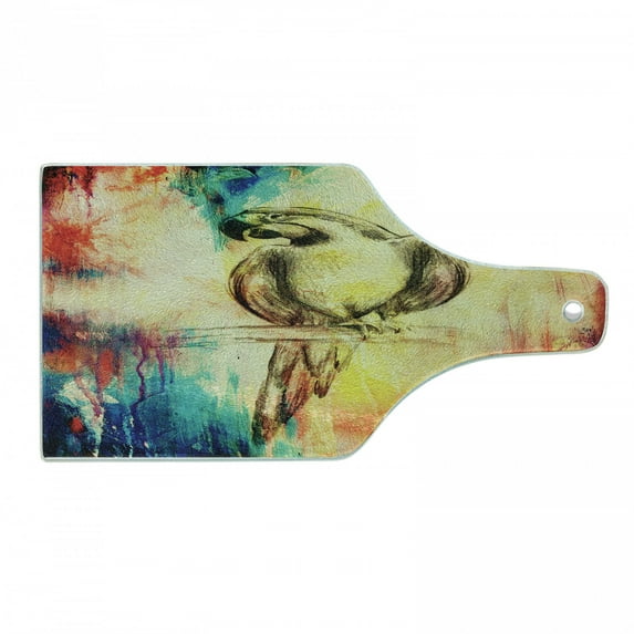 Parrot Cutting Board, Grunge Parrot Vintage Paper Background Smart Talkative Flying Mascots Print, Decorative Tempered Glass Cutting and Serving Board, Wine Bottle Shape, Multicolor, by Ambesonne