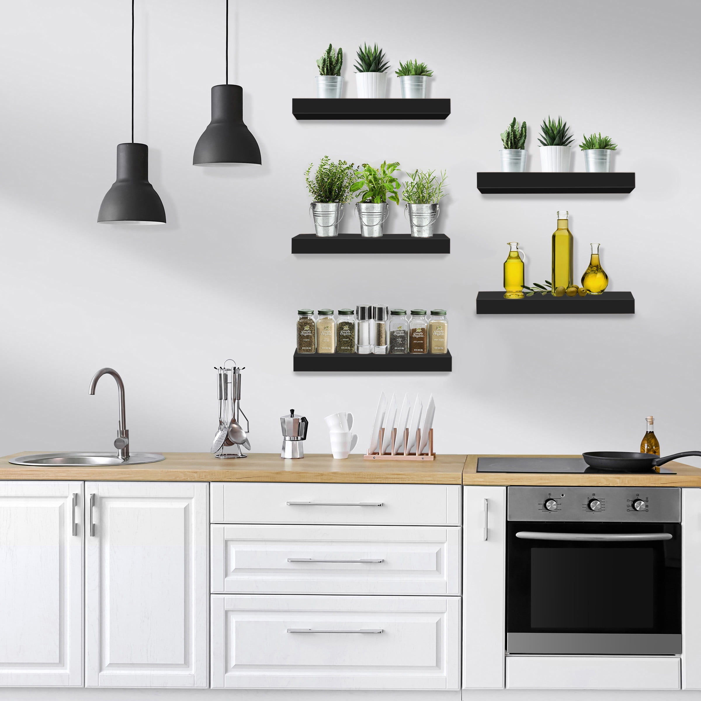Sorbus 16.25" Black Floating Shelves (Set of 5) – Wall Storage for Décor, Frames, Trophies