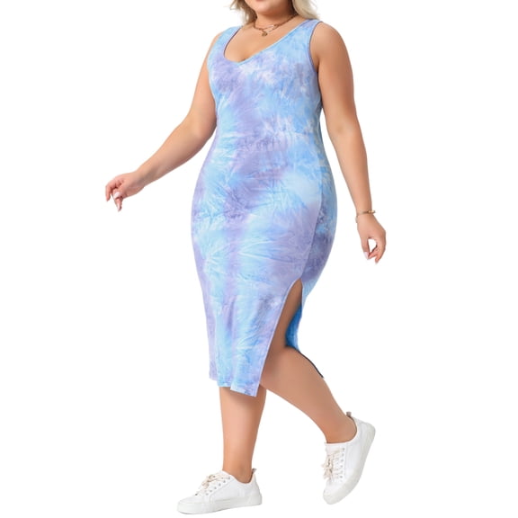 DARING DIVA Plus Size V Neck Slim Fit Tie Dye Midi Tank Dress 1X Purple Blue