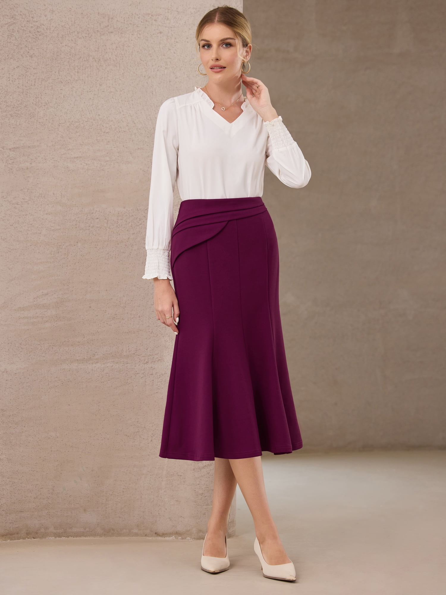 DARING DIVA Women's High Elastic Waist Fishtails Midi Skirts for Work S Purple