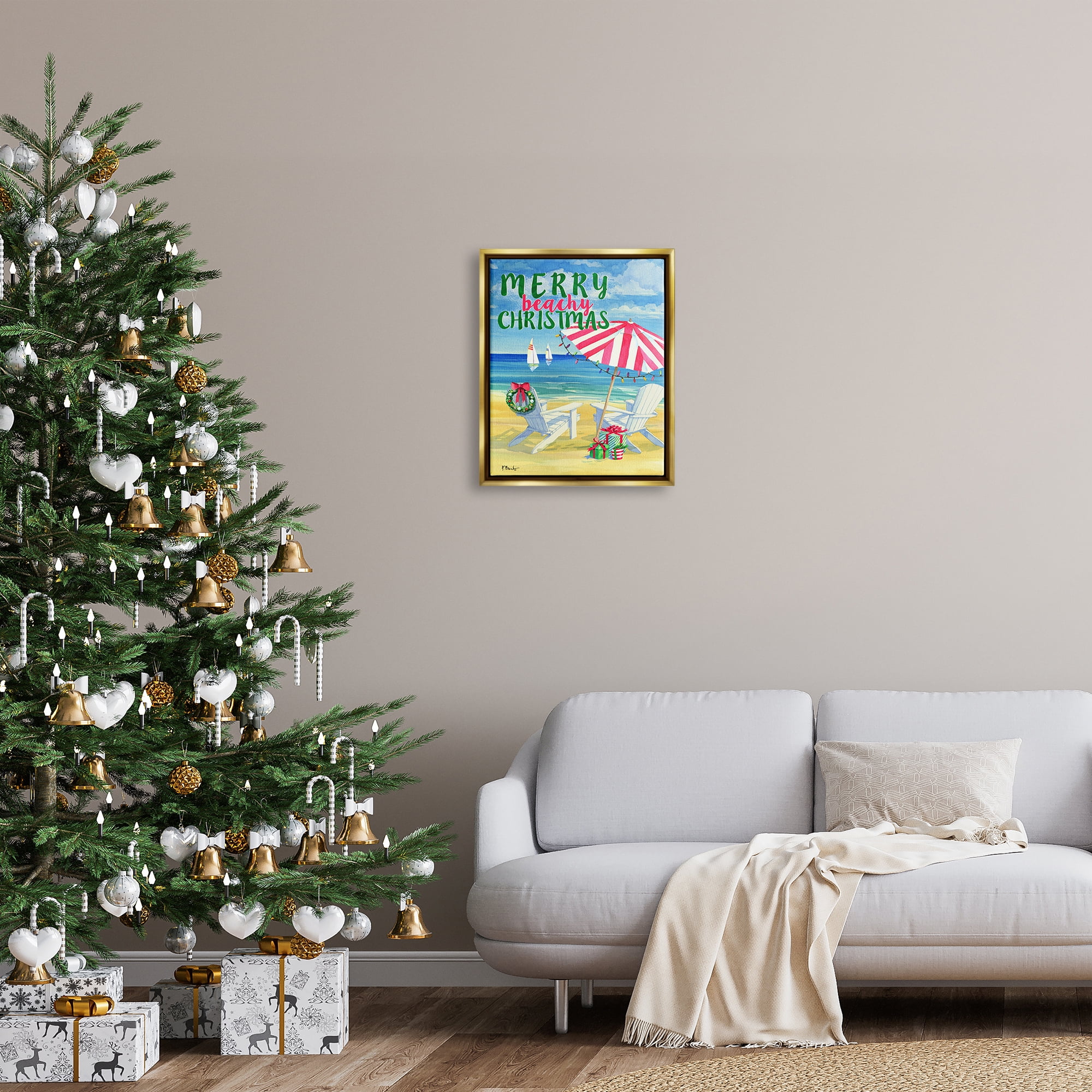 Stupell Industries Merry Beachy Christmas Holiday Painting Gold Floater Framed Art Print Wall Art, 17 x 21