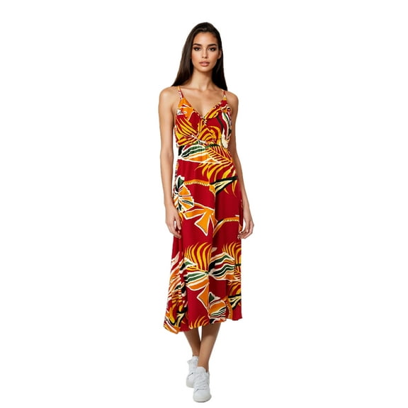 Women's Ruffled Neckline Tropical Palm Tree Print Midi Dress, Red, Large