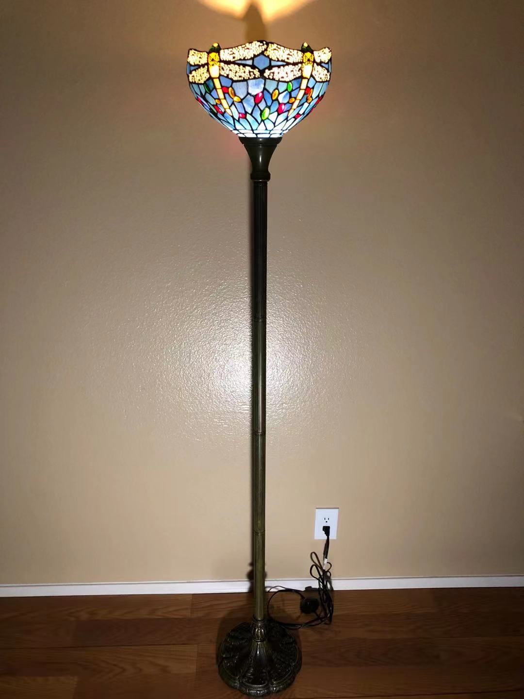 Tiffany Torch Floor Lamp Blue Stained Glass  Dragonfly LED Bulb Included For Living Room Bedroom 12"W*12"D*66"H