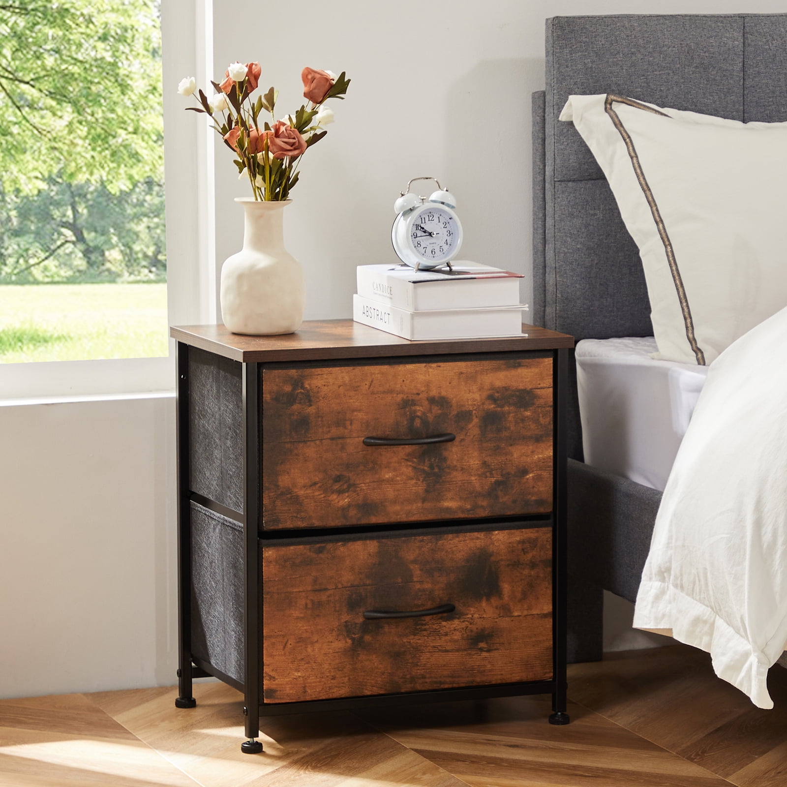 ZUNMOS Nightstand Set of 2 End Table Side Table with 2 Fabric Drawers Bedside Table for Bedroom Closet Dorm Grey