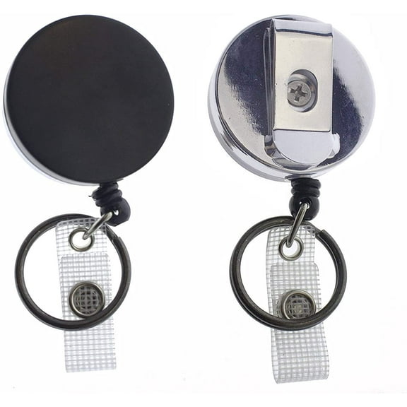 2 Pack - Heavy Duty Retractable Badge Reel with Key Ring - All Metal Construction Card & Key Holders with Thick Nylon Cord, Belt Clip, Reinforced ID Strap & Keychain by Specialist ID (Black / Silver)