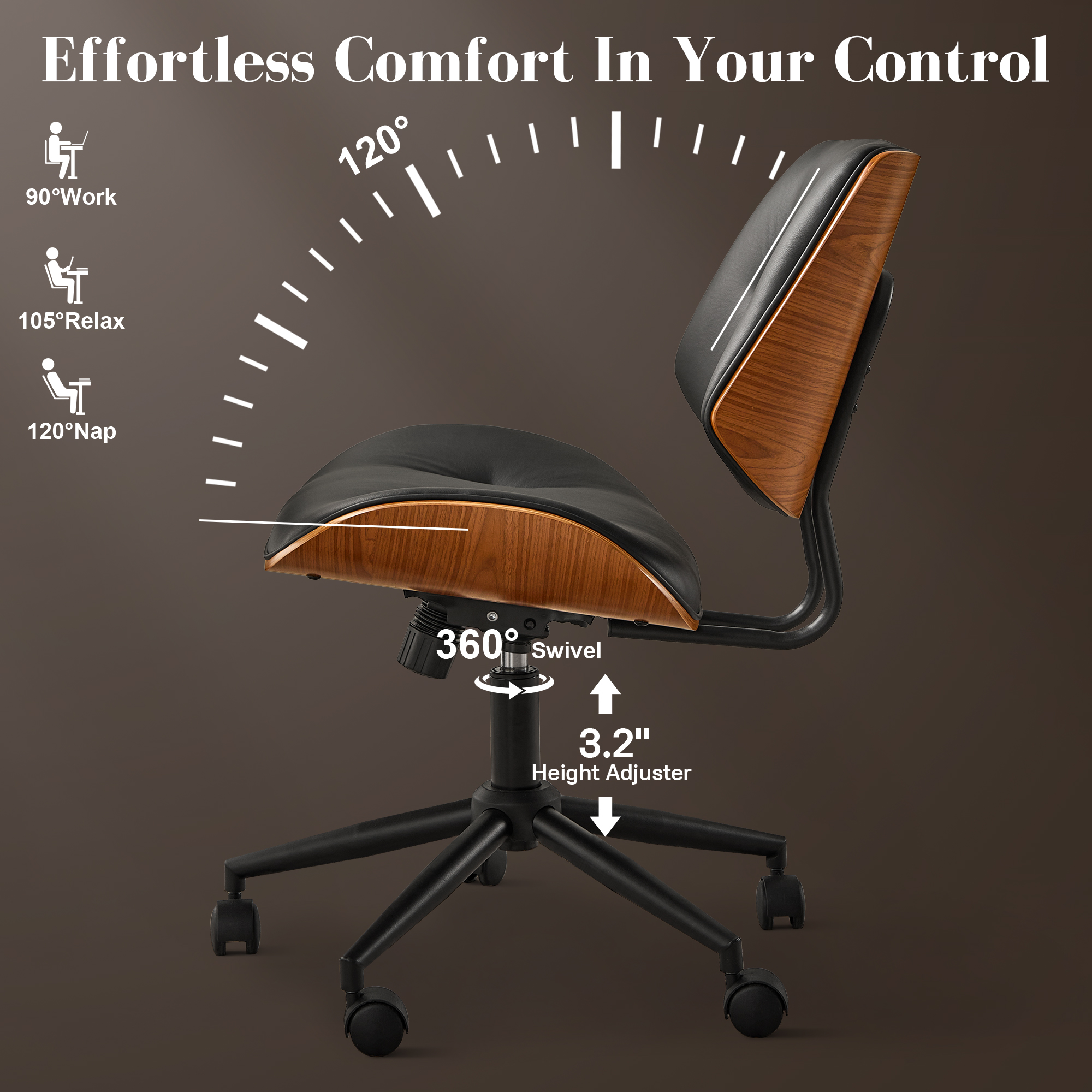 Toject Office Chair, Task Chair with Wooden Back, Mid-Century Modern Computer Chair, Armless Desk Chair for Home Office, Black