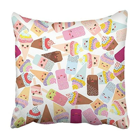 ARHOME Cupcakes with Cream Ice in Waffle Cones Lolly Kawaii with Pink Cheeks Pillowcase Cushion Cover 18x18 inch