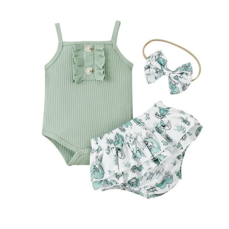 

Toddler Girls Summer Ribbed Sleeveless Romper Bodysuit Shorts Outwear With Headwear 3pcs Sets Kids Child Clothing Streetwear Dailywear Outwear