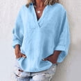 thumbnail image 2 of XFLWAM Cotton Linen Tops for Women Long Sleeve Oversized Blouse Solid Color Casual V Neck Loose Shirts Light Blue L, 2 of 7