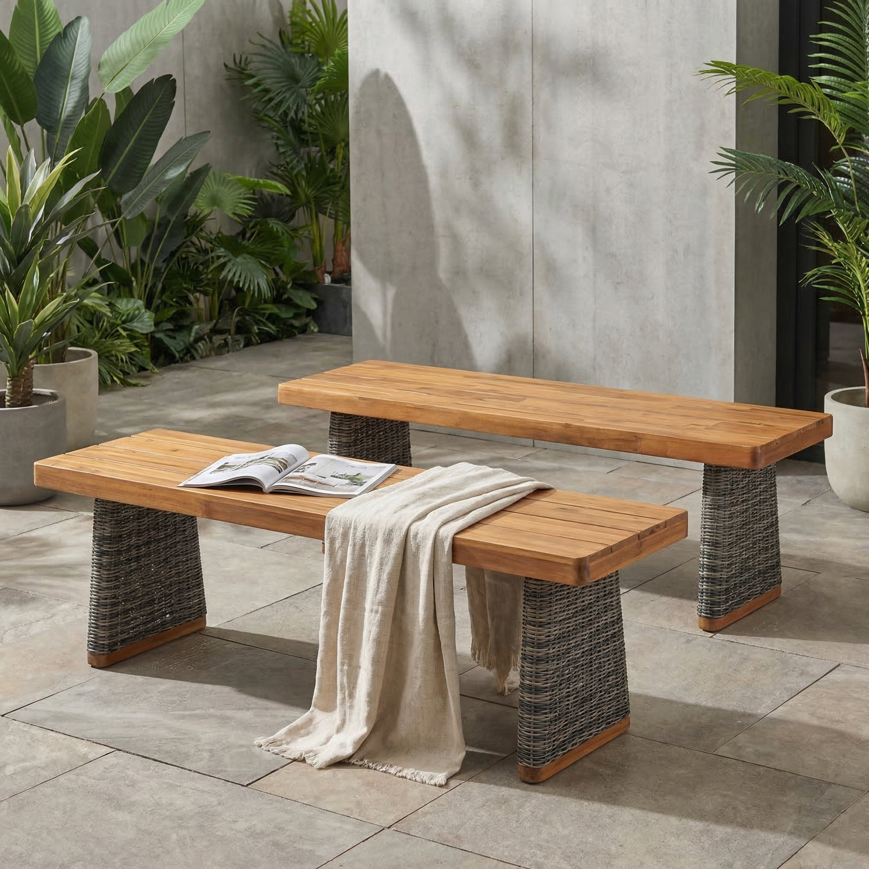 Bench Set of 2, Outdoor Acacia Wood Bench with Grey Wicker for Patio Garden, Teak