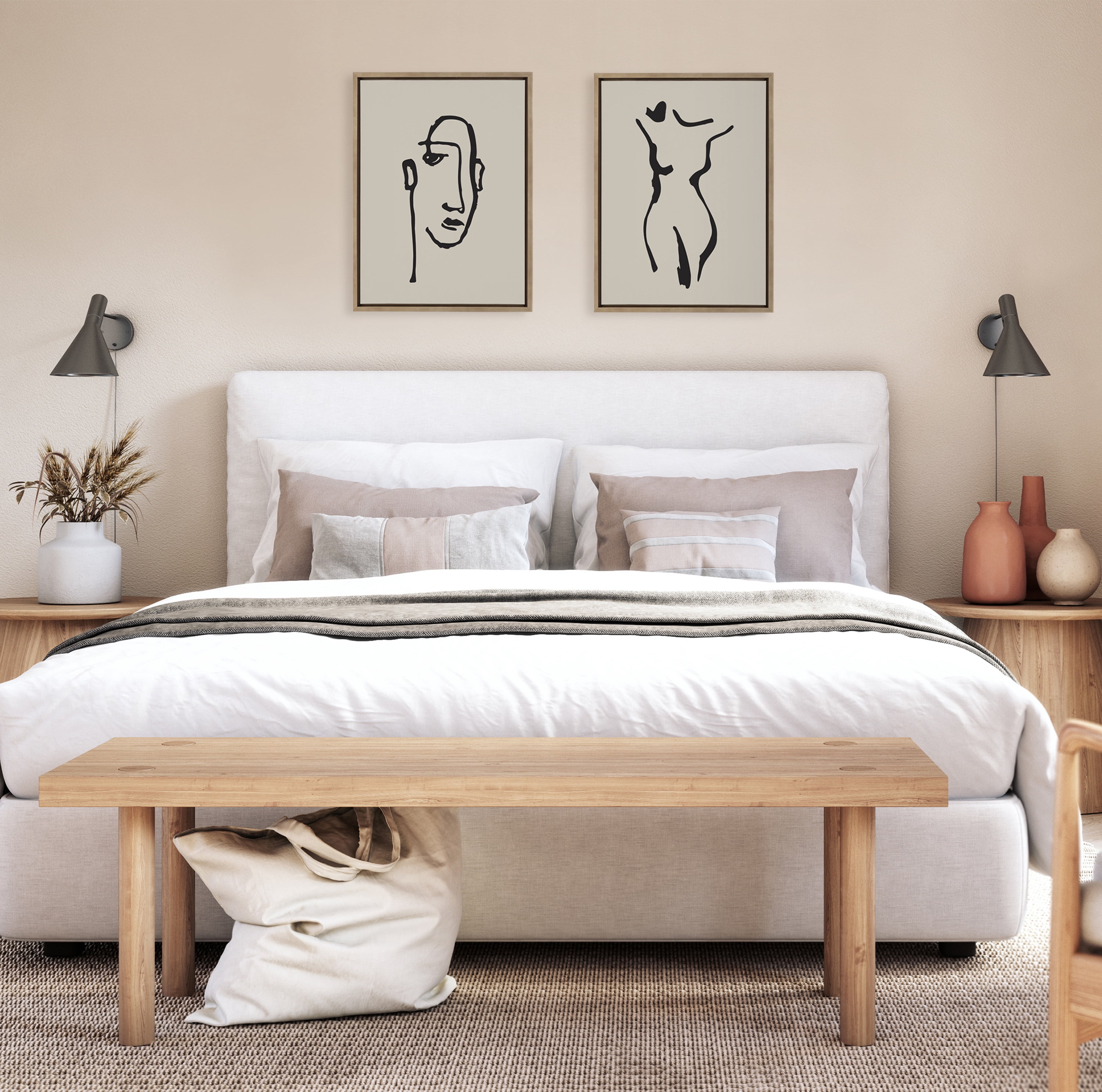 Kate and Laurel Sylvie Minimalist Neutral Line Art Drawing Face and Body Framed Canvas Wall Art Set by The Creative Bunch Studio, 2 piece 18x24 Gold, Modern Minimal Brushstrokes Art for Wall