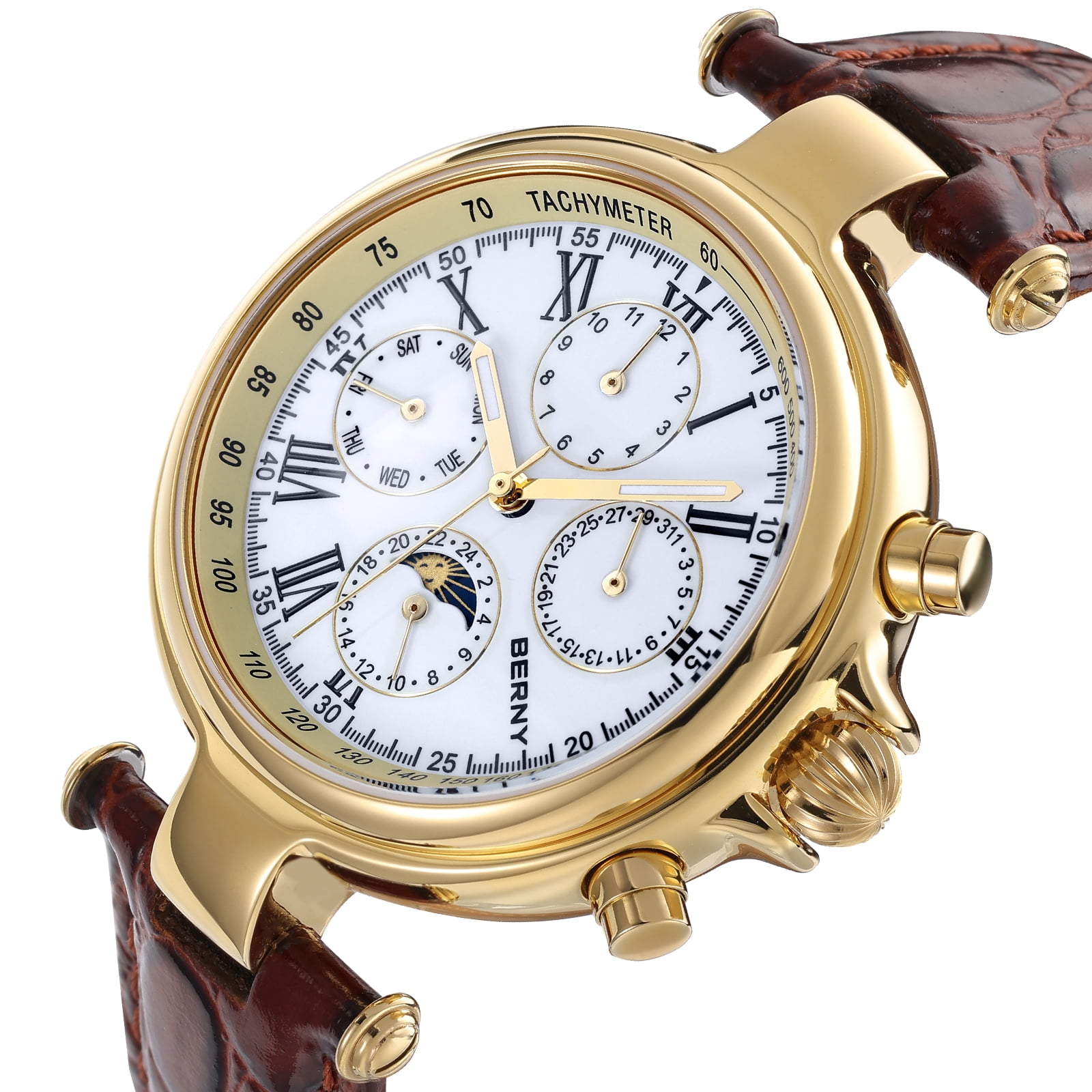BERNY Automatic Watch for Men Classic Mechanical Self Winding Wristwatch 3ATM Waterproof Multi-Functional Dials Date, Week, Month and Moon Phase