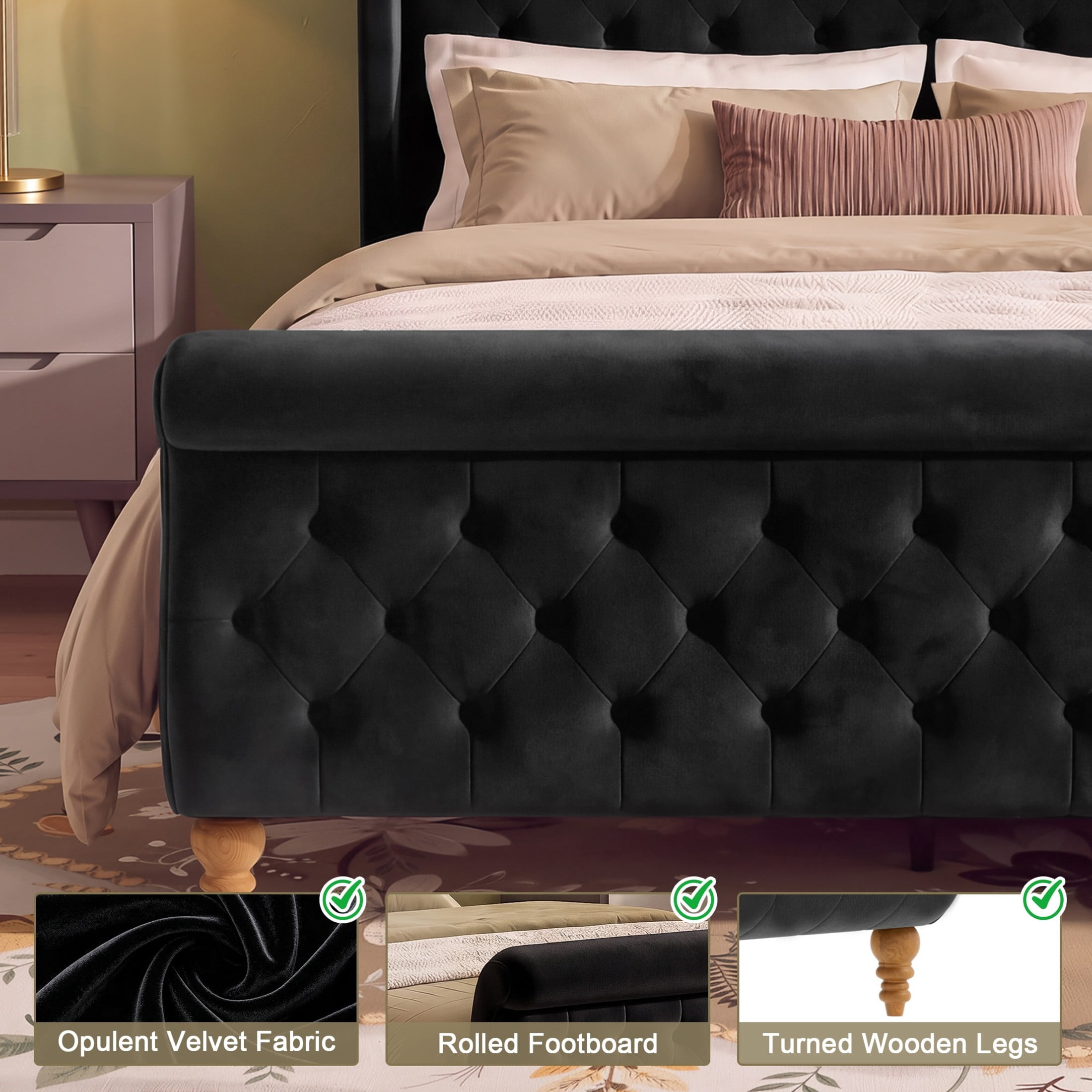 GDF Studio Orlan Queen Size Velvet Upholstered Sleigh Platform Bed Frame with Wood Slat Support, Modern Design, Black