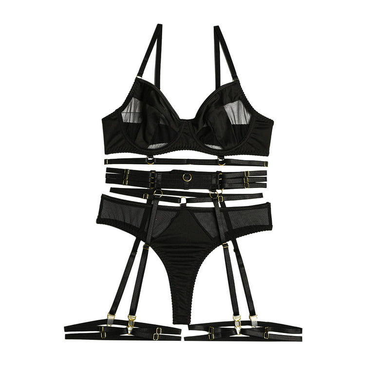 Hfyihgf Women's Sexy Bodysuit Lingerie Sets 3 Piece Garter Belt Mesh Sheer  Cut Out Exotic Push-Up Bra and Panty Set(Black,S) 