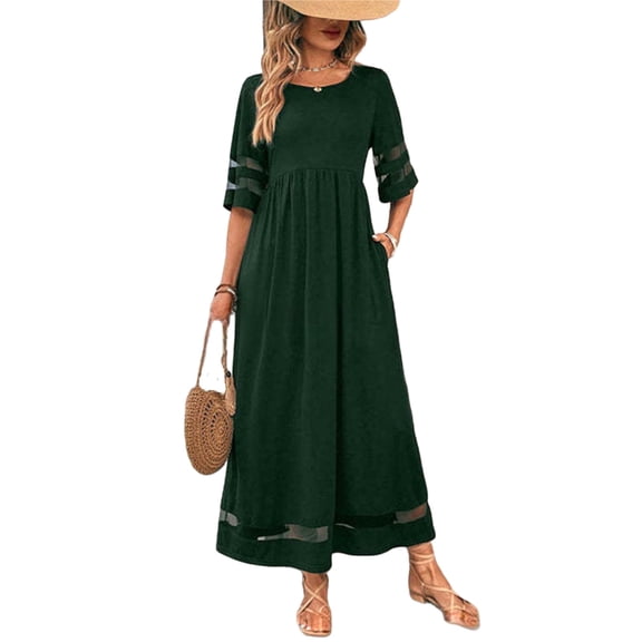 Ahabrexf Women's 3/4 Sleeve Round Neck Mesh Insert Loose Maxi Dress with Pockets - Casual Solid Color for Daily Wear in Spring and Summer