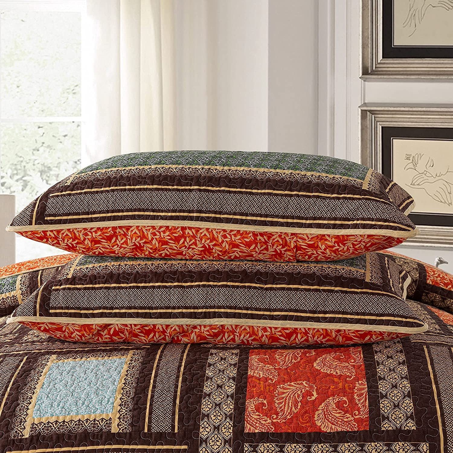 Nordmiex Patchwork Cotton Quilt Set Bohemian Farmhouse Bedding Set, Queen