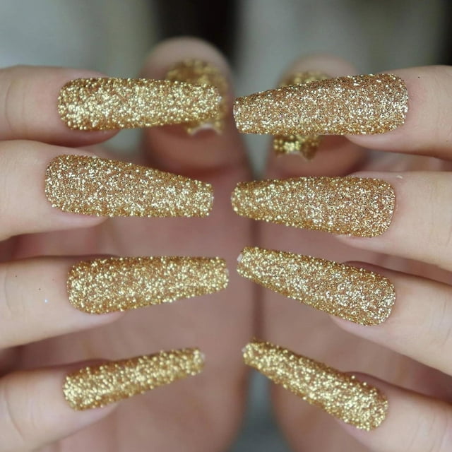 MISUD Press On Nails - Uñas postizas largas de ataúd con purpurina dorada, diseño de bailarina acrílica, lentejuelas brillantes, 24 piezas