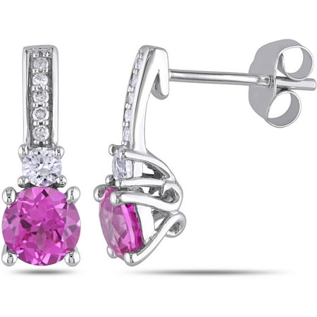 Tangelo 1-1/3 Carat T.G.W. Created White and Created Pink Sapphire and Diamond-Accent 10kt White Gold Drop Earrings