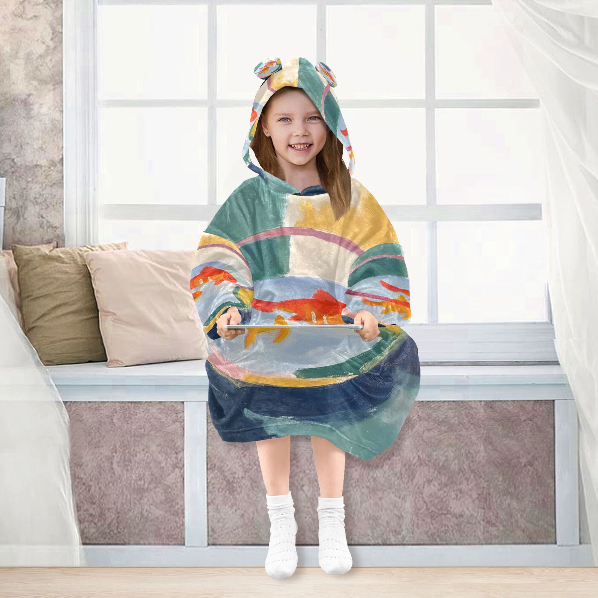 FORMRS Wearable Blanket Hoodie with Sleeves for Kids Cozy Flannel Sweatshirt, Goldfish Bowl