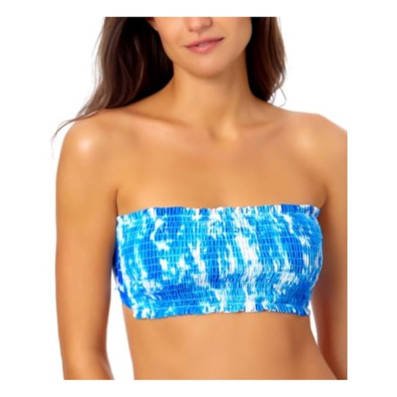 CALIFORNIA WAVES Women's Blue Tie Dye Stretch Smocked Longline Tie Bikini Convertible Adjustable Bandeau Swimsuit Top L