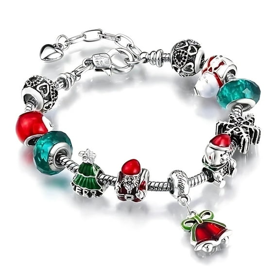 Christmas Charm Bracelet for Women by Ginger Lyne 9" Alloy Colorful Santa Holiday Italian Style Beads