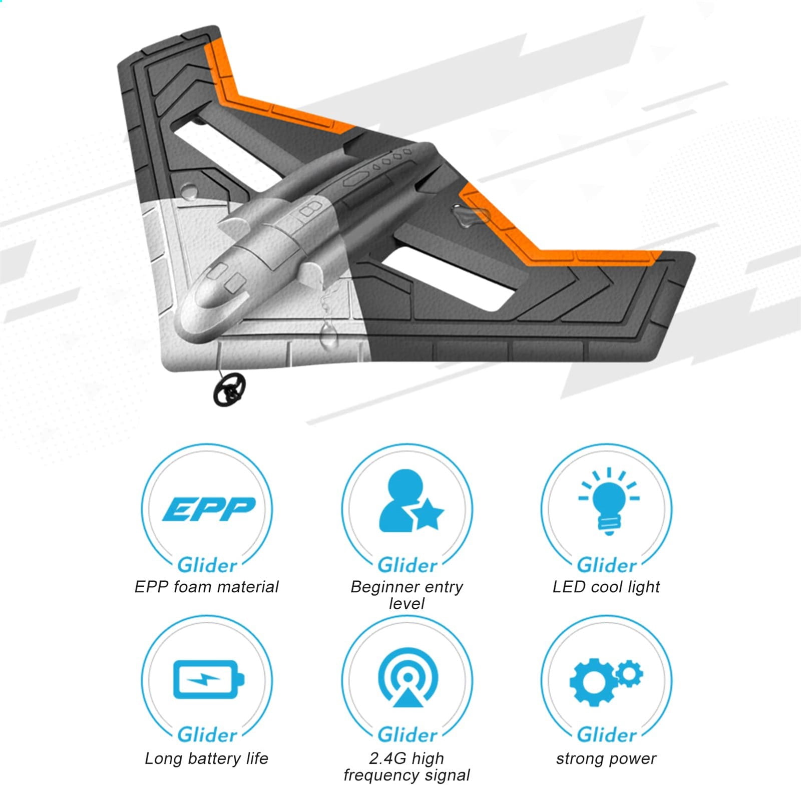 Remote Control Foam Glider Plane, RC Aircraft Toy with LED Light Stabilization, Anti-Fall Drone for Outdoor Flying - Orange (Battery Not Included)