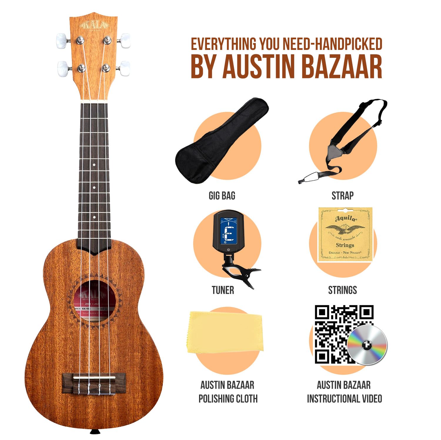 Kala KA-15S Satin Mahogany Soprano Ukulele Bundle with Gig Bag, Tuner, Strap, Fender Play, Austin Bazaar Instructional DVD, and Polishing Cloth