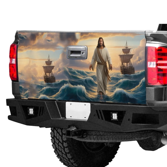 Jesus Walking on Water Tailgate Wrap – Christian Faith Ocean Scene Truck Tailgate Decal, Inspirational Bible Art Rear Gate Vinyl Wrap