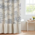 thumbnail image 2 of Ruffle Linen Shower Curtain with Blue and White Toile de Jouy for Vintage French Country Bathroom Decor Shabby Chic Chateau Toile Pattern 72x72 Inches, 2 of 6