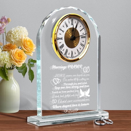 Wedding Gifts for Couples 2026 - Elegant Crystal Clock with Inspiring Quote, Marriage Prayer Keepsake for Anniversary - Unique Gifts for Bride and Groom, Newlywed Mr and Mrs