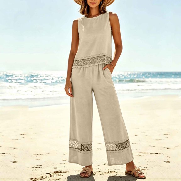 2 Piece Cotton Linen Outfit, Women's Lace Trim Sleeveless Top & High Waist Wide Leg Pants for Travel, Beige L