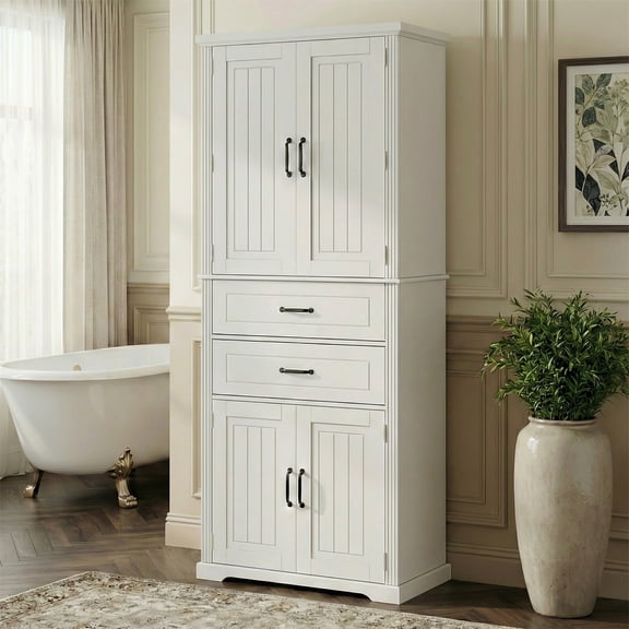 72"H Storage Cabinet, Multi-Functional Pantry Cabinet with 2 Drawers, 3 Adjustable Shelves, Doors with Storage Shelves, for Kitchen, Bathroom, Living Room, White