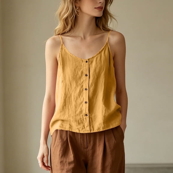 Mifsaly Cotton Linen Cami Tops for Women Spaghetti Strap Button Down Camisole Casual V Neck Loose Sleeveless Blouse Summer Beach Wear Holiday Outfits Yellow,XL