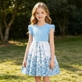 thumbnail image 2 of Weebloom Little Girl Summer Dress Flutter Sleeve Print Color Sleeveless Ruffle Dress With Pleated Detail Elegant Party Gown Girls' Dresses Light Blue 5-6 Years, 2 of 9