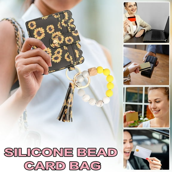 HOARBOEG Flower Keychain Wristlet Wallets for Women Cute Silicone Beaded Credit Card Holder Key Ring Bracelet Wallet, Cutr Women Gift