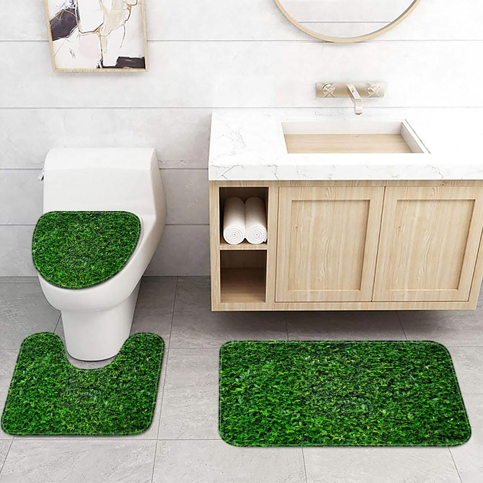 Botanical Meadow Green Grass Bath Mat Set, Plant Grassland Farmhouse