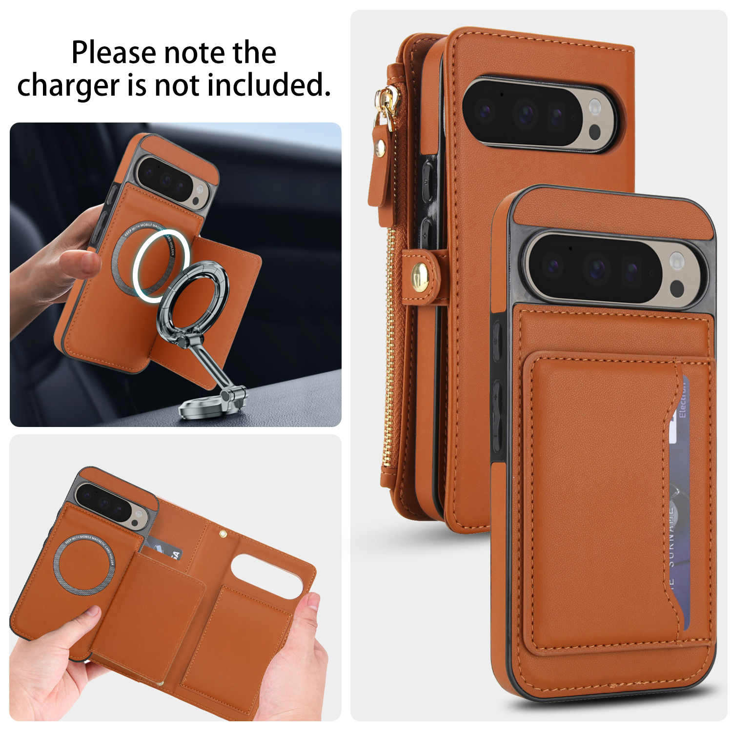 Designed for Google Pixel 8 Multi-Function Wallet Phone Case,With Shoulder Strap&Wrist Strap,Cash Pocket&Card Slots,Zipper Purse,Magnetic Detachable PU Leather Flip Phone Case,Brown