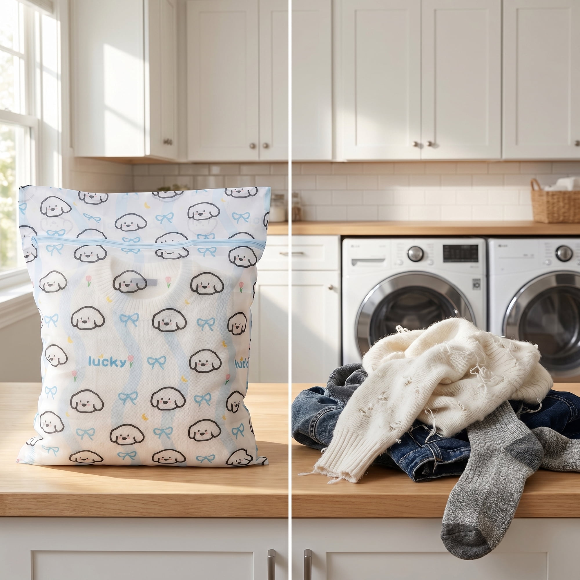 Unique Bargains 2Pcs Durable Mesh Zipper Closure Laundry Bags Blue 19.7" x 23.6"