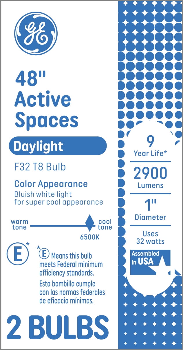 GE Fluorescent Tube Light Bulbs, 32 Watts, Daylight, F32 T8 Tube Lights, 48 inches, 2pk